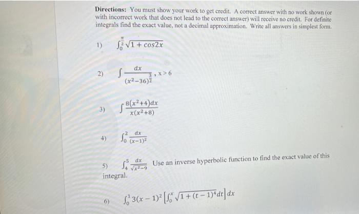 Solved Directions: You must show your work to get credit. A | Chegg.com
