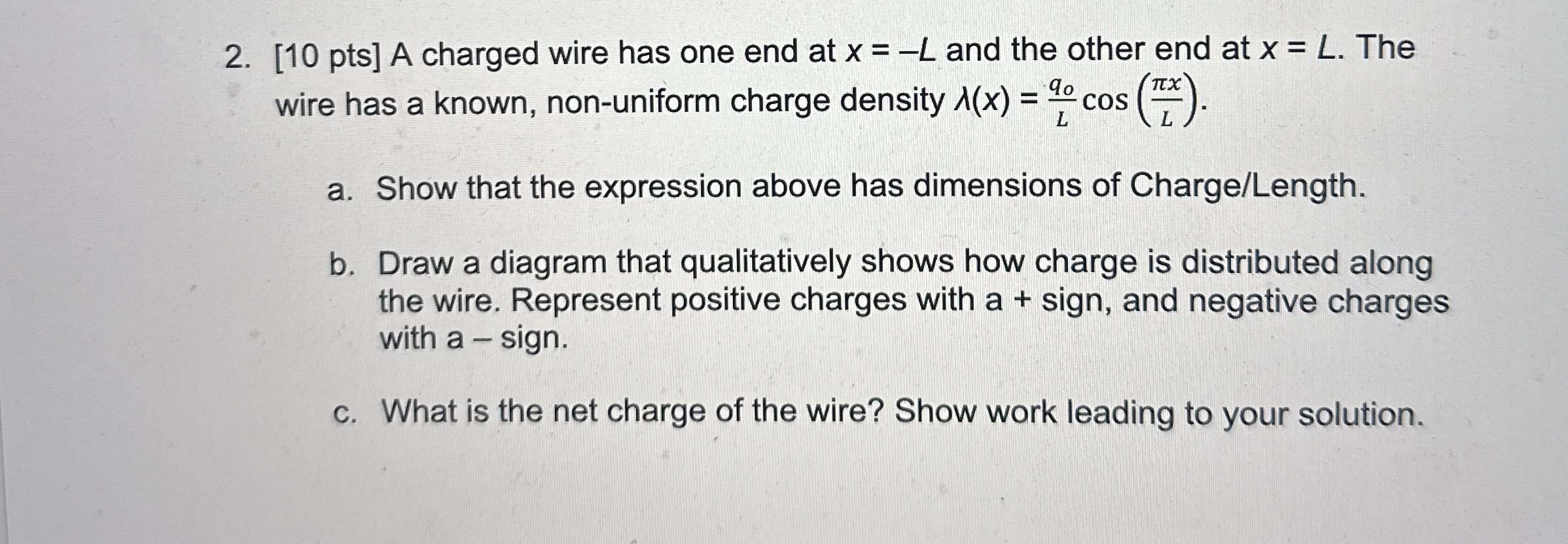 Solved [10 ﻿pts] ﻿A charged wire has one end at x=-L ﻿and | Chegg.com