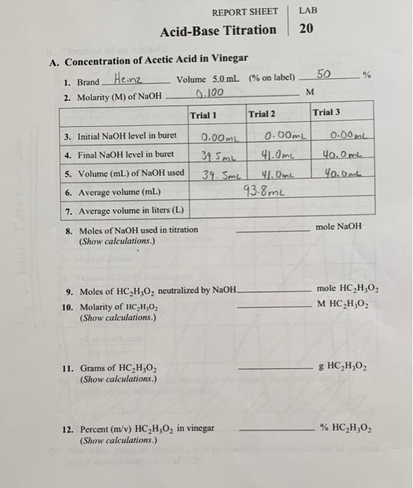 Lab Report Sheet Acid Base Titration 20 50 A Chegg 