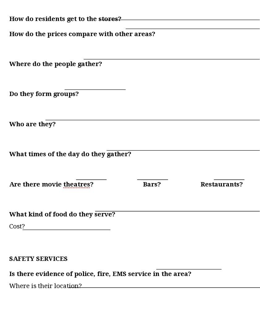 How do residents get to the stores? How do the prices compare with other areas? Where do the people gather? Do they form grou