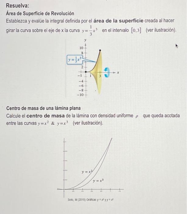 Resuelva: Área de Superficie de Revolución Establezca y evalúe la integral definida por el área de la superficie creada al ha