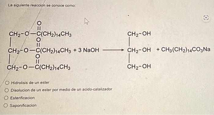 La siguiente reaccion se conoce como: Hidrolisis de un ester Disolucion de un ester por medio de un acido-catalizador Esterif