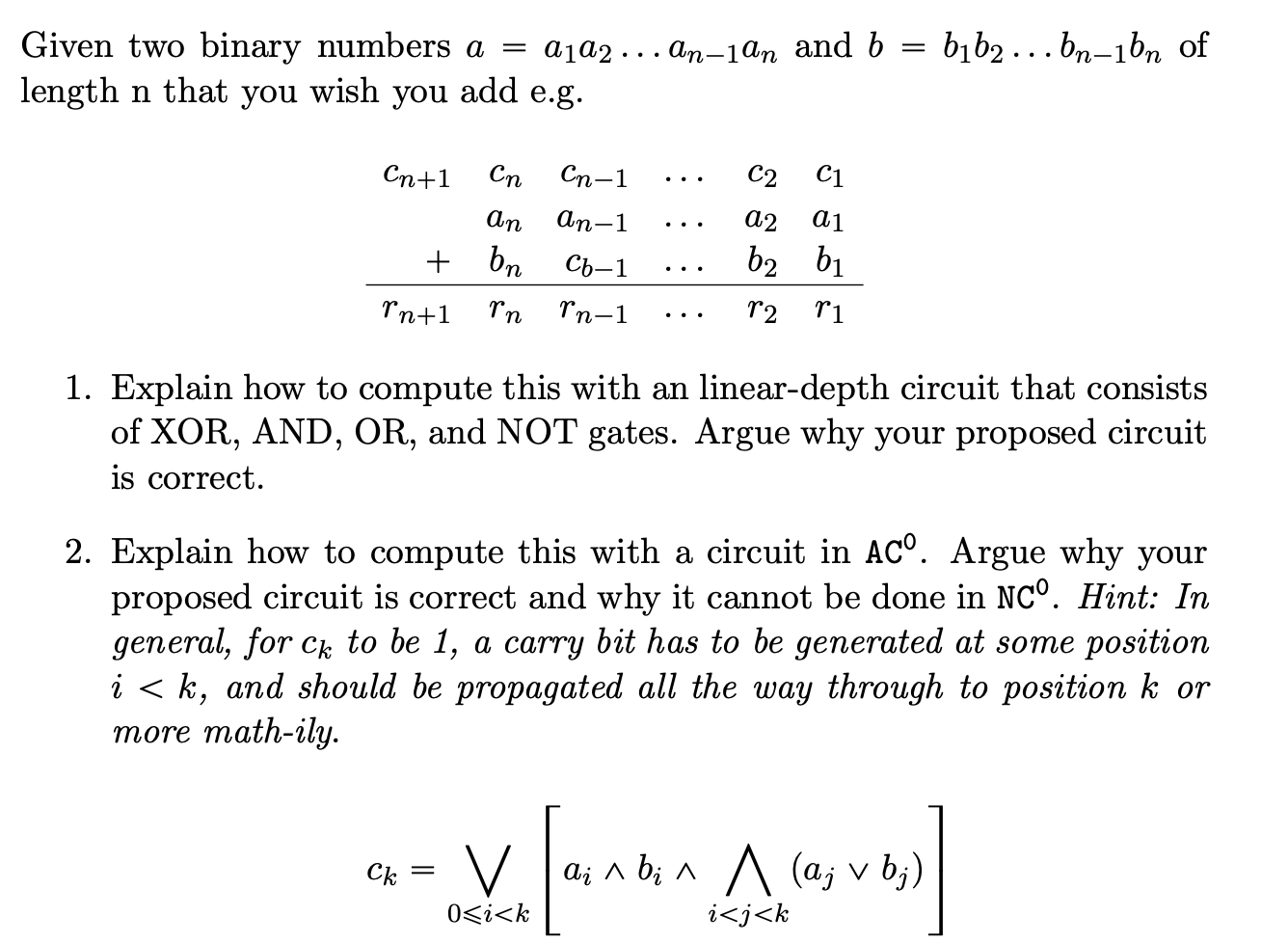 Solved Given two binary numbers a=a1a2dotsan-1an ﻿and | Chegg.com