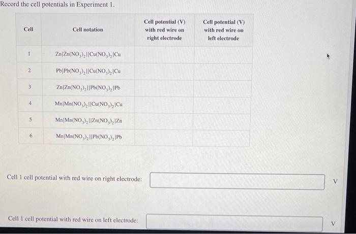 Record the cell potentials in Experiment 1 . Cell 1 | Chegg.com