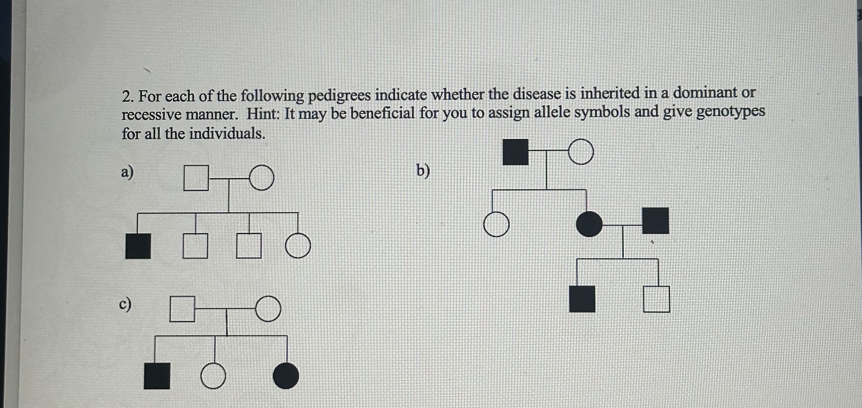 Solved For each of the following pedigrees indicate whether | Chegg.com