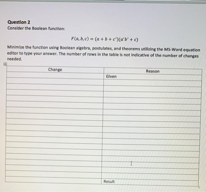 Solved Question 2 Consider The Boolean Function: F(a,b,c) = | Chegg.com