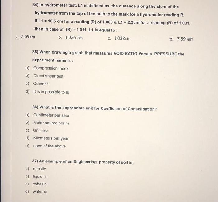 Solved 34) In hydrometer test, L1 is defined as the distance | Chegg.com