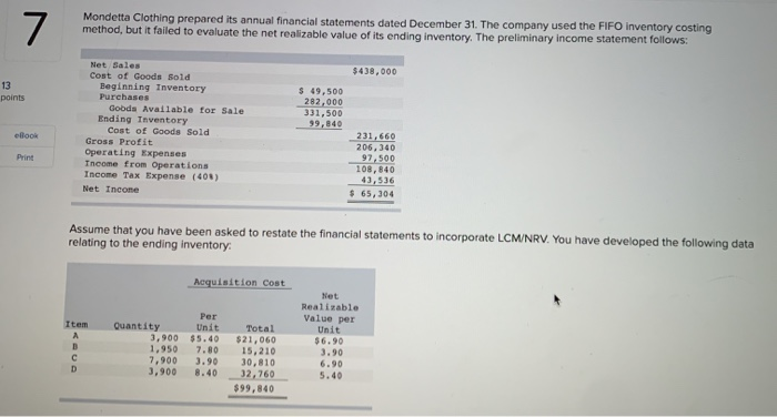 Solved 1. Restate the income statement to reflect LCM/NRV