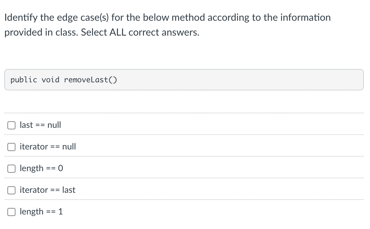 Solved Identify the edge case(s) ﻿for the below method | Chegg.com