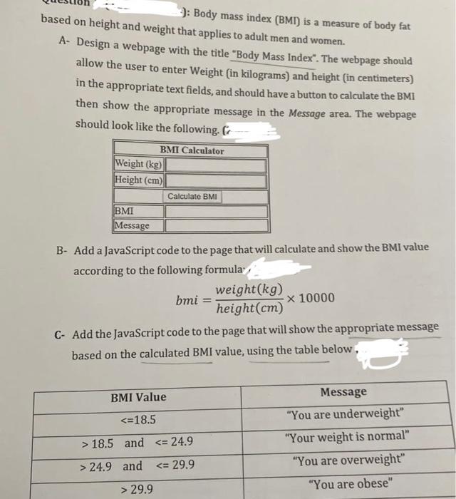 Solved 3: Body Mass Index (BMI) Is A Measure Of Body Fat | Chegg.com