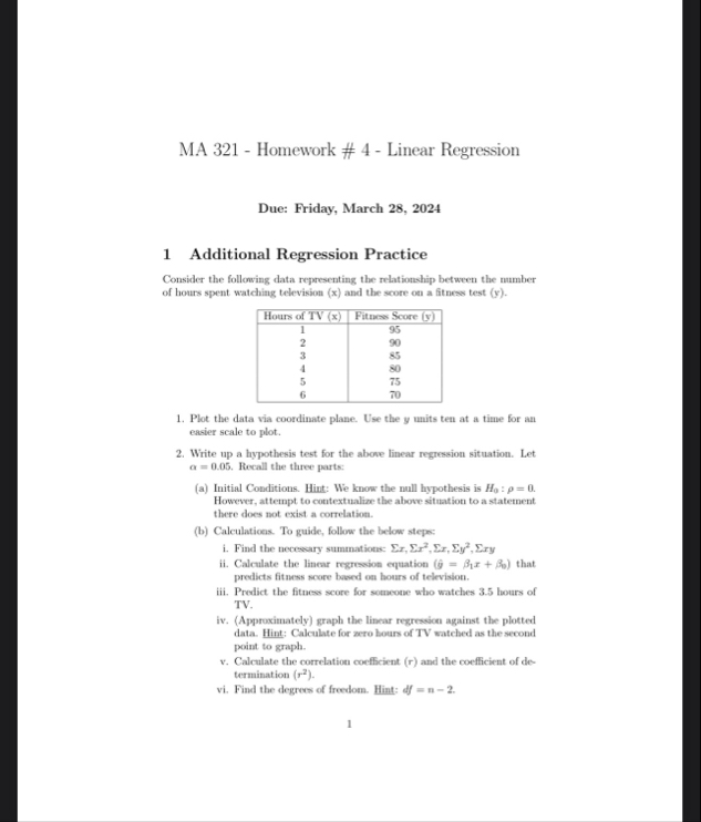 Solved MA 321 - ﻿Homework # 4-Linear RegressionDue: Friday, | Chegg.com