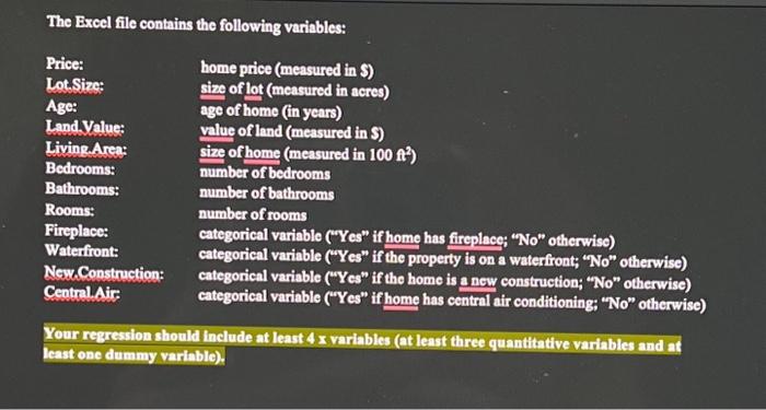 The Excel file contains the following variables: | Chegg.com
