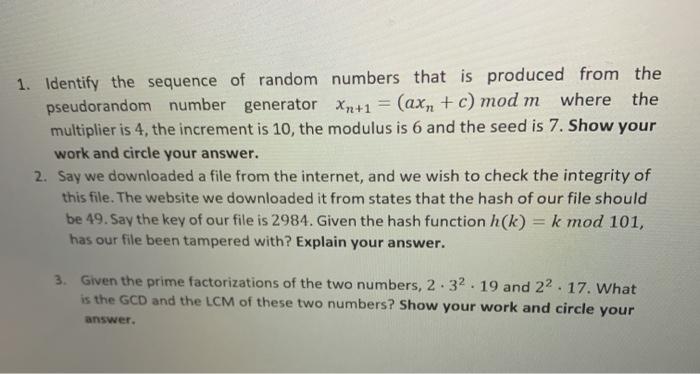 Solved 1. Identify the sequence of random numbers that is | Chegg.com