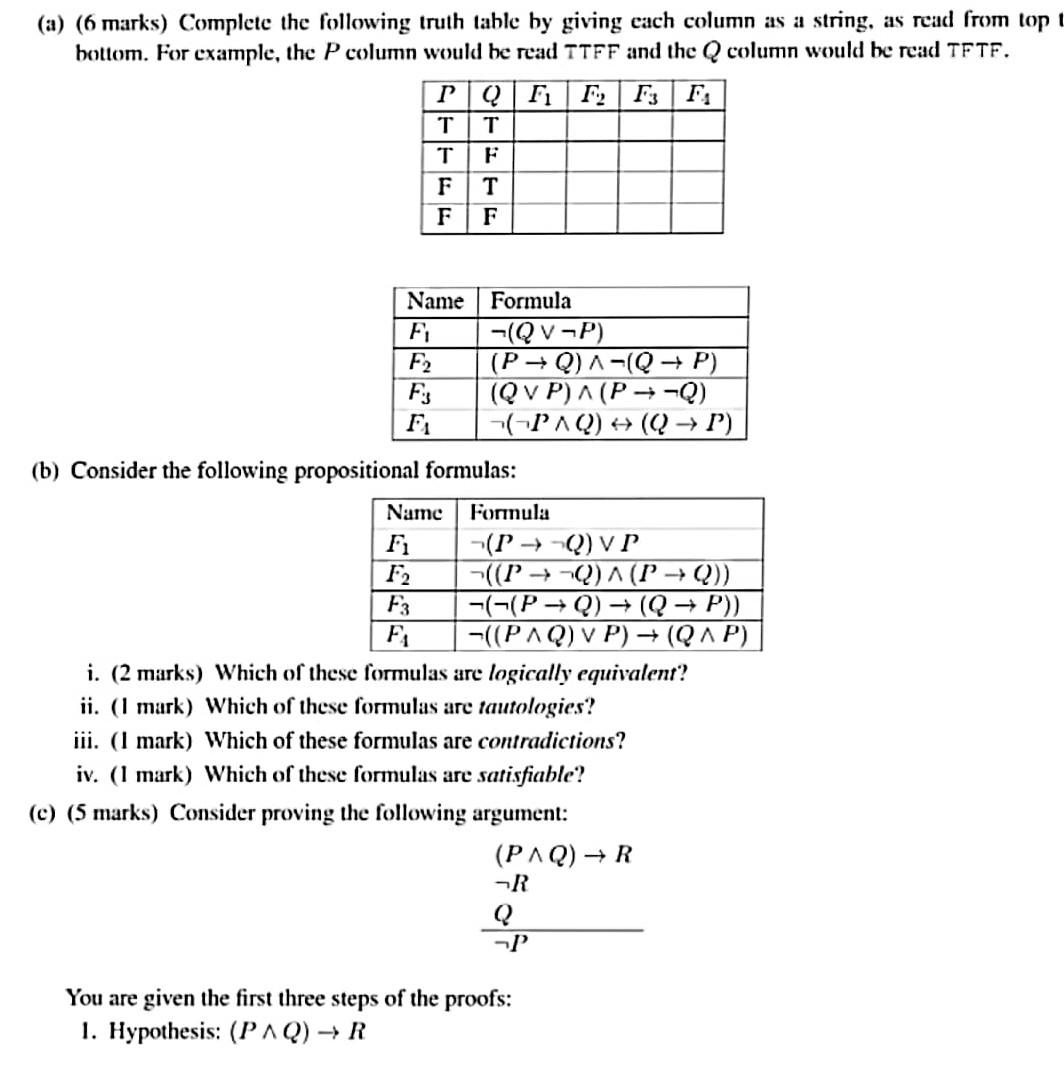 Solved (a) (6 Marks) Complete The Following Truth Table By | Chegg.com