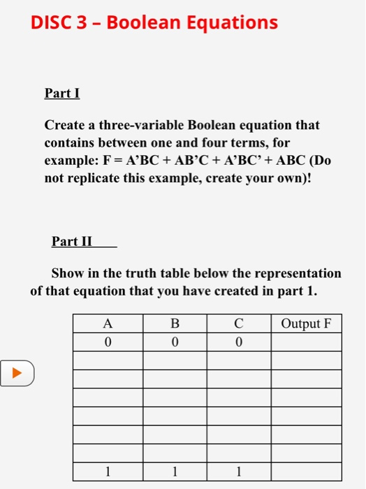 Solved DISC 3 - Boolean Equations Part I Create a | Chegg.com
