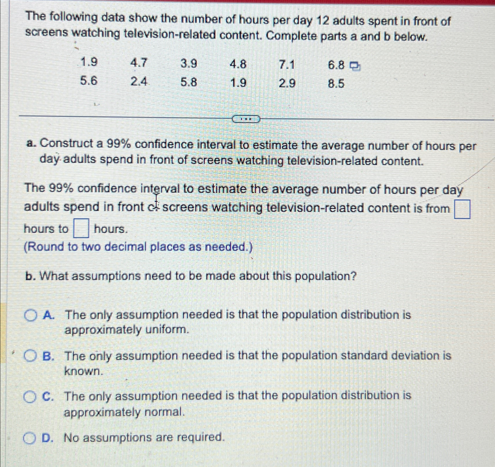 Solved The following data show the number of hours per day | Chegg.com