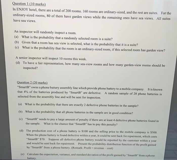 Solved Question 1 (10 marks) In ENJOY hotel, there are a | Chegg.com