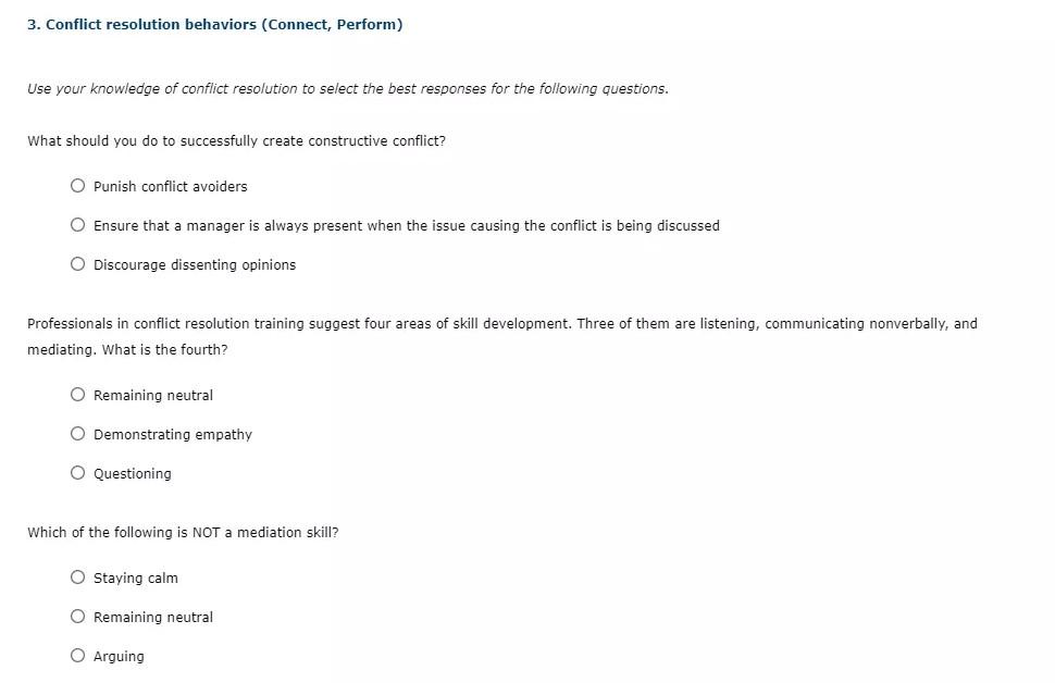 Solved 3. Conflict resolution behaviors (Connect, Perform) | Chegg.com