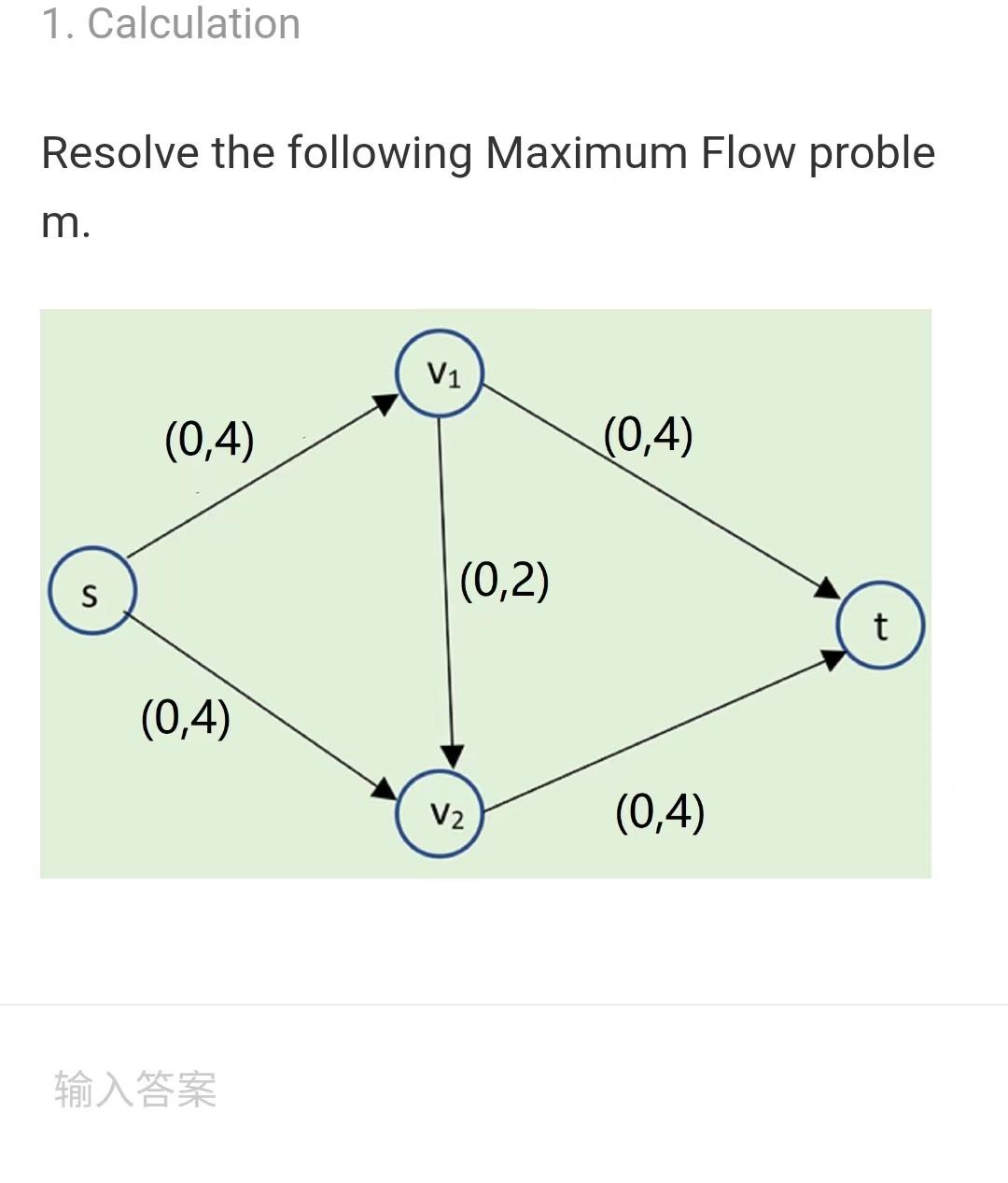 1. Calculation
Resolve the following Maximum Flow proble \( \mathrm{m} \).