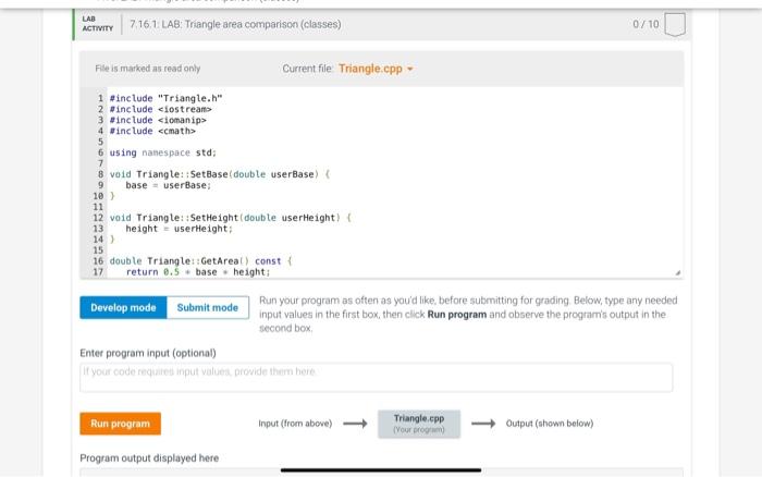 Solved 7.16 LAB: Triangle area comparison (classes) Given | Chegg.com
