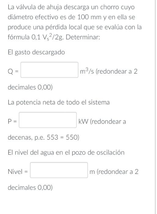 La válvula de ahuja descarga un chorro cuyo diámetro efectivo es de \( 100 \mathrm{~mm} \) y en ella se produce una pérdida l