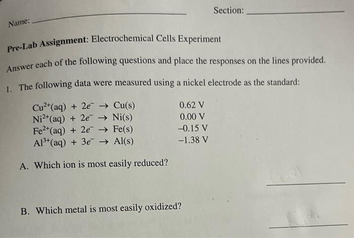 Solved Pre-Lab Assignment: Electrochemical Cells Experiment | Chegg.com