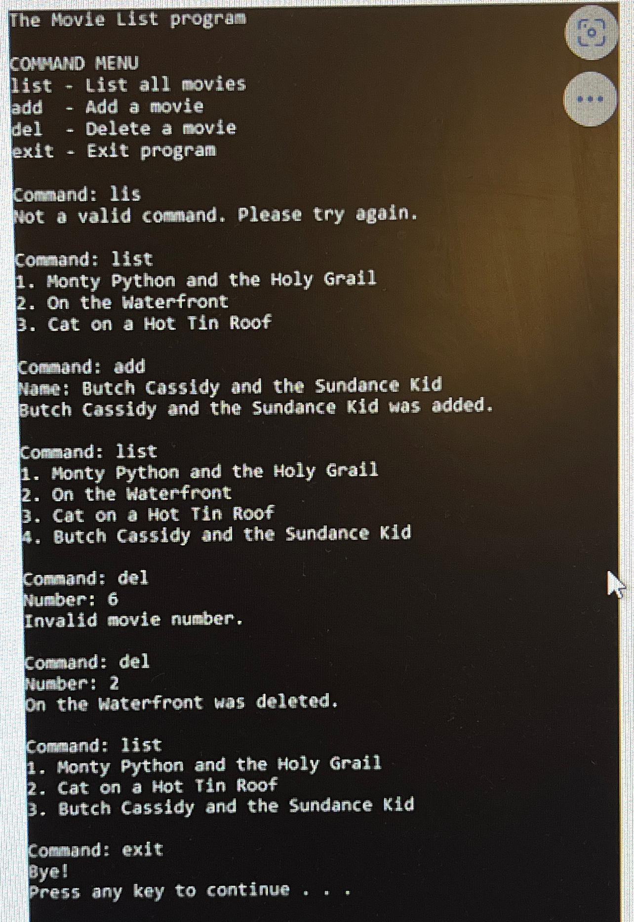 Solved The Movie List progranCOMWAND MENUlist - ﻿List all | Chegg.com