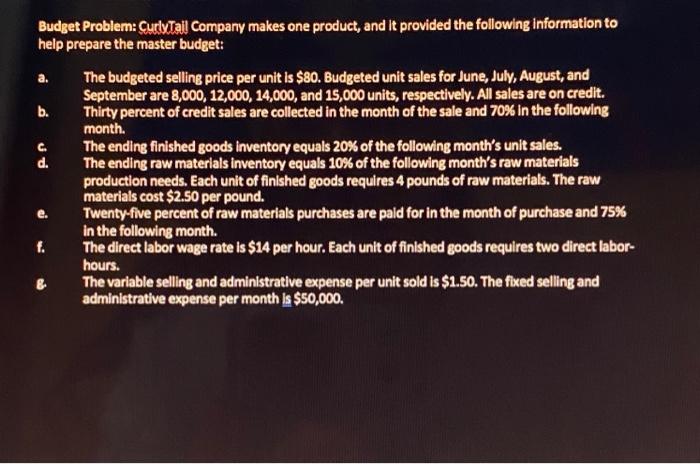 Solved Budget Problem: Curletail Company makes one product, | Chegg.com