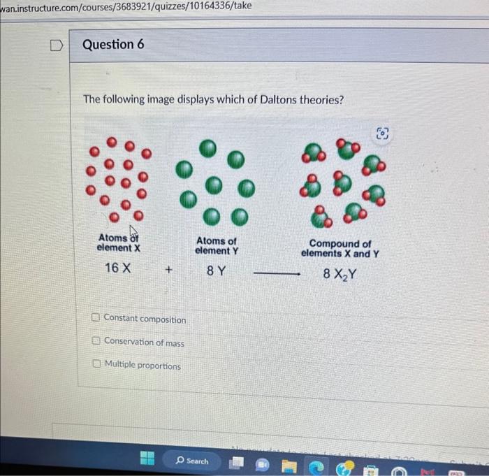 The following image displays which of Daltons theories?
Constant composition
Conservation of mass
Multiple proportions