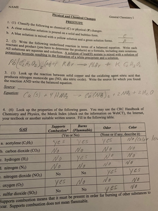 Solved NAME General Chemistry Physical And Chemical Changes | Chegg.com