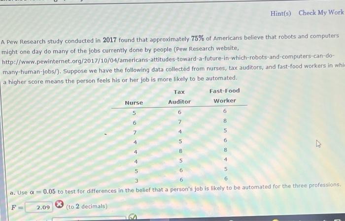 Solved Hint(s) Check My Work A Pew Research study conducted | Chegg.com