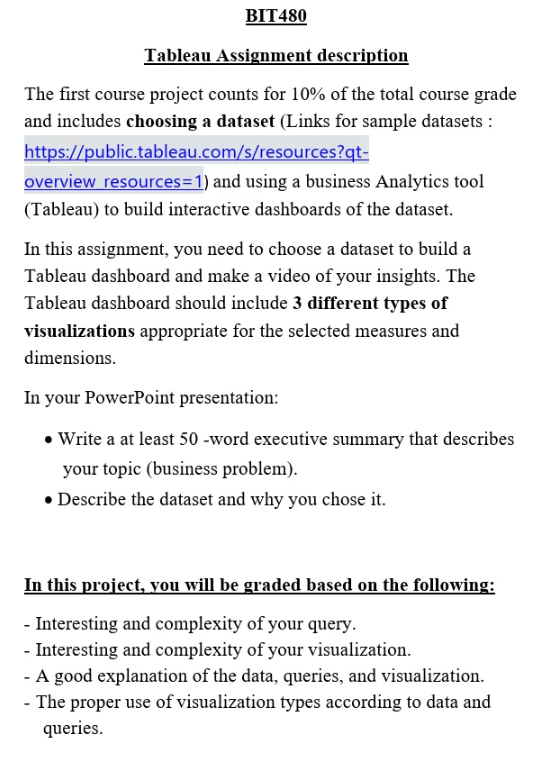 BIT480 Tableau Assignment description The first | Chegg.com
