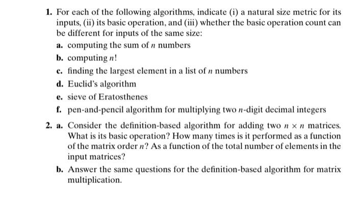 Solved 1. For each of the following algorithms, indicate (i 