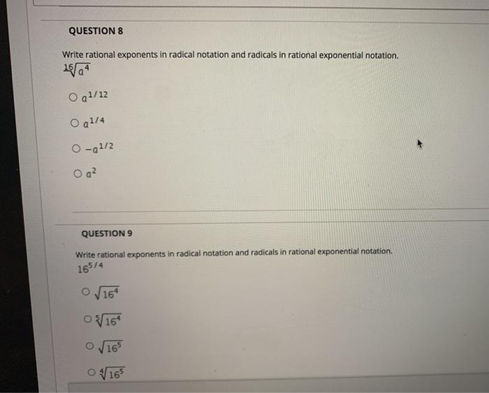 Solved QUESTION 8 Write rational exponents in radical | Chegg.com