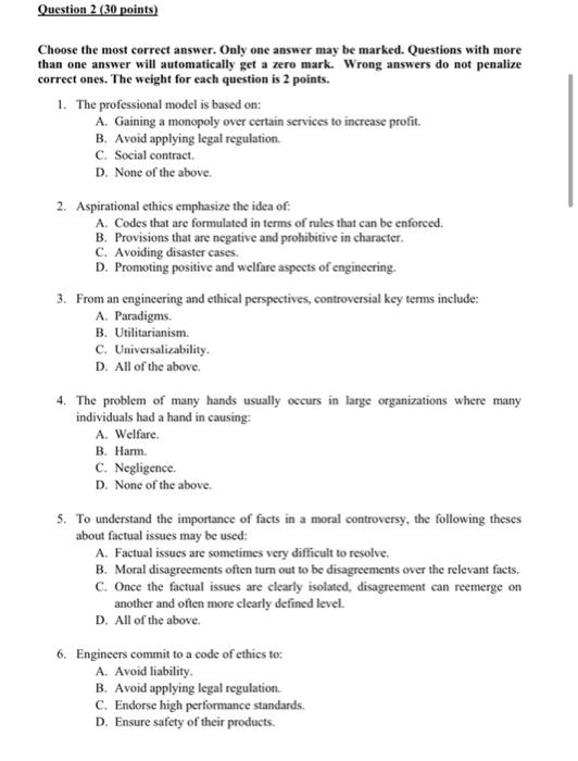 Solved Question 2 (30 points) Choose the most correct | Chegg.com