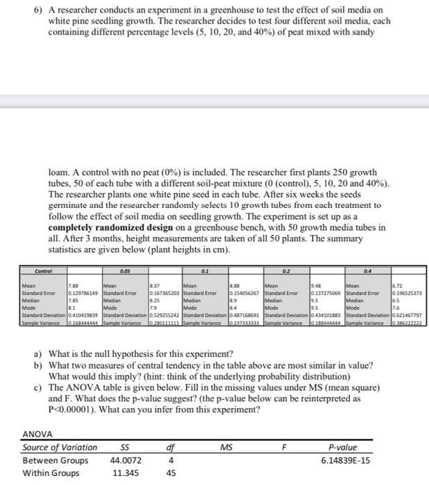 Solved 6) A researcher conducts an experiment in a | Chegg.com