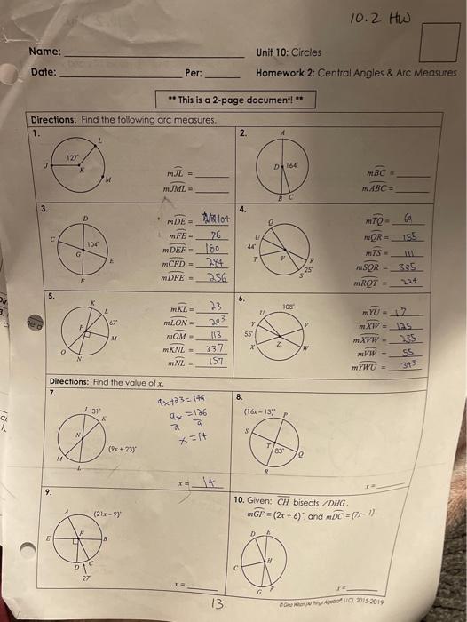 Solved 10.2 HW Name: Unit 10: Circles Date: Per: Homework 2: | Chegg.com