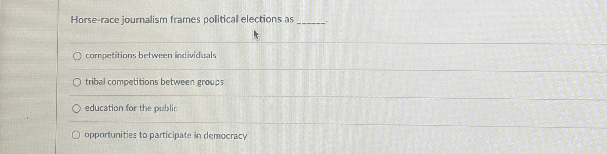 Solved Horse-race journalism frames political elections | Chegg.com