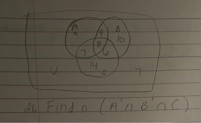 21. Find \( n\left(A^{\prime} \cap B^{\prime} \cap C\right) \)