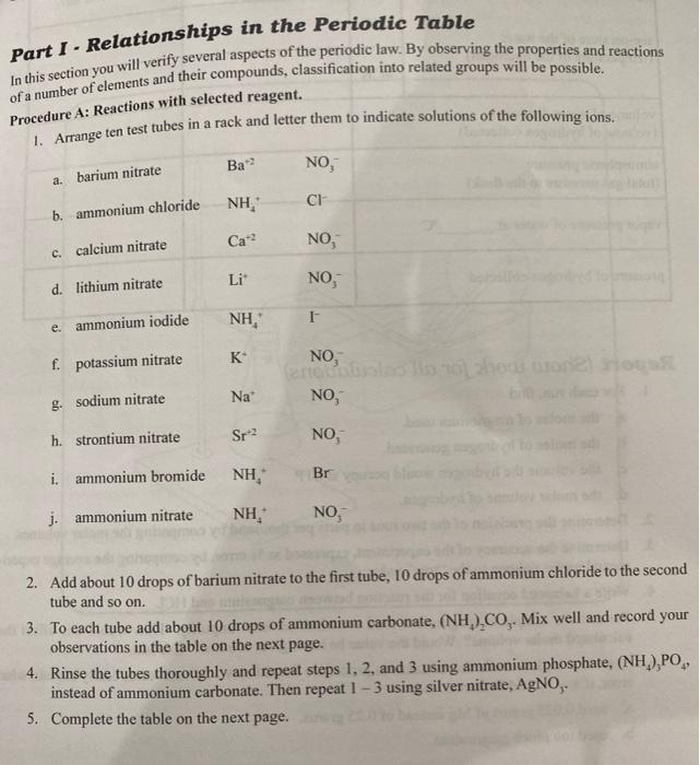 Solved Part I - Relationships in the Periodic Table In this | Chegg.com