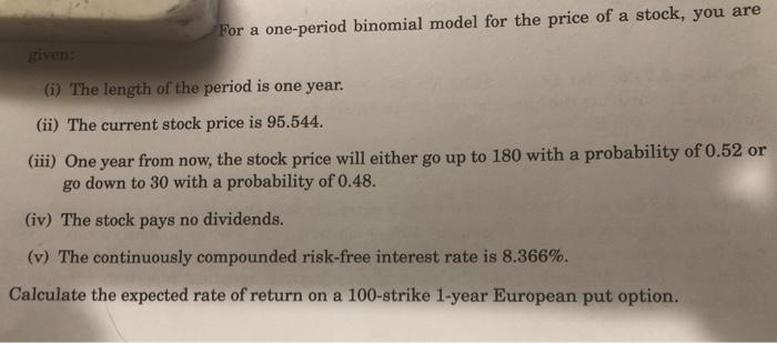 Solved For a one-period binomial model for the price of a | Chegg.com