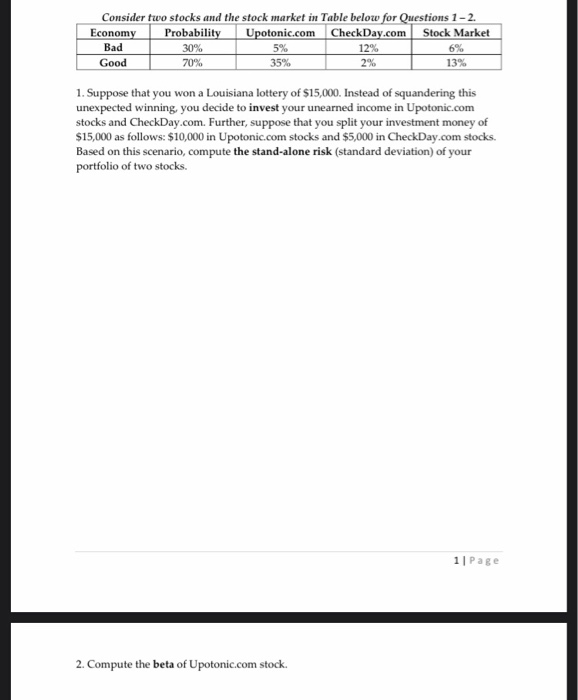 Solved Consider two stocks and the stock market in Table