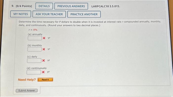 Solved Determine The Time Necessary For P Dollars To Double | Chegg.com