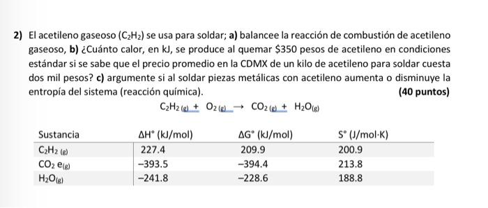 El acetileno gaseoso \( \left(\mathrm{C}_{2} \mathrm{H}_{2}\right) \) se usa para soldar; a) balancee la reacción de combusti