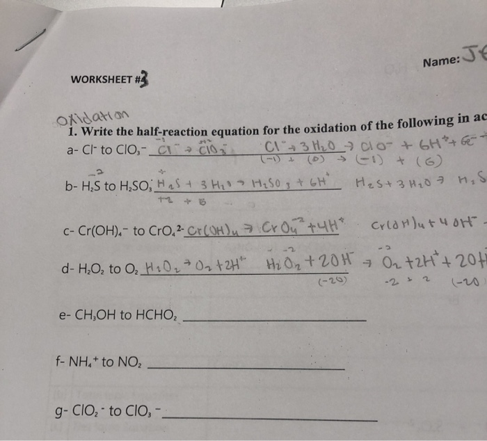 Solved Name Je Worksheet 2 Oxidation Rite The Chegg Com