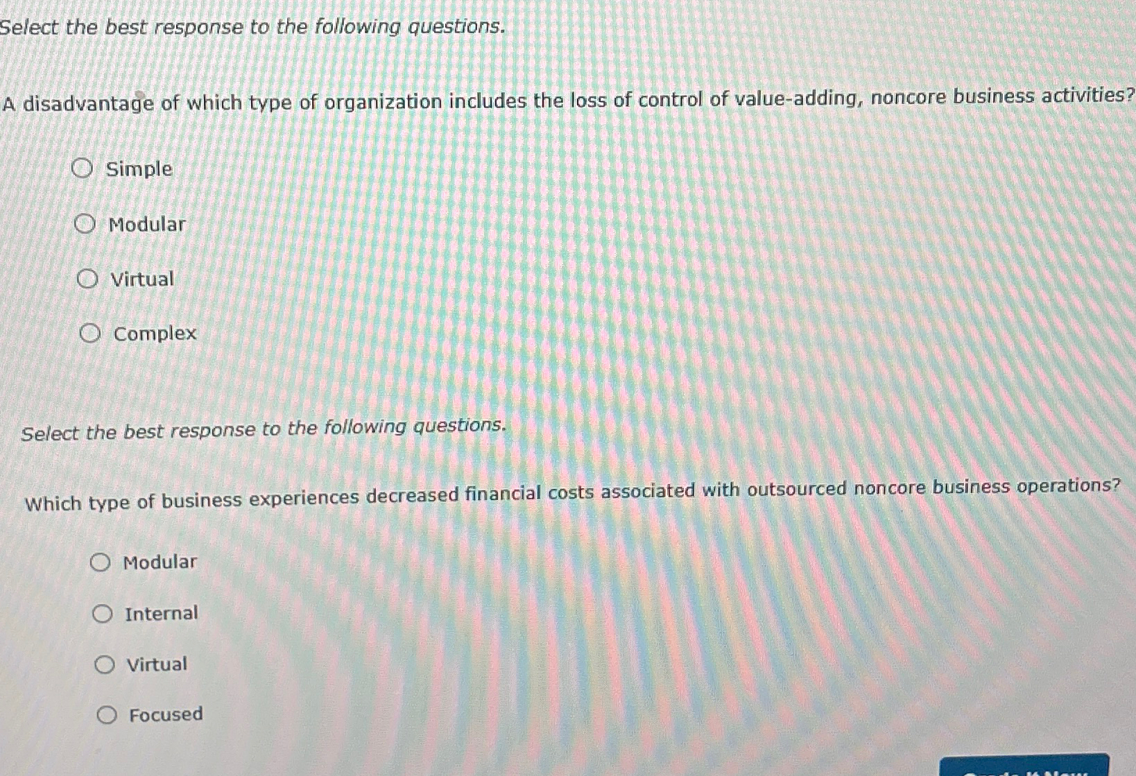 Solved Select the best response to the following questions.A | Chegg.com