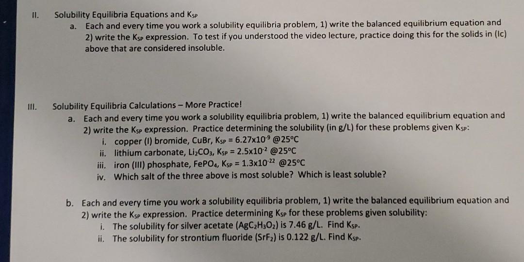 Solved II. Solubility Equilibria Equations And Ksp A. Each | Chegg.com