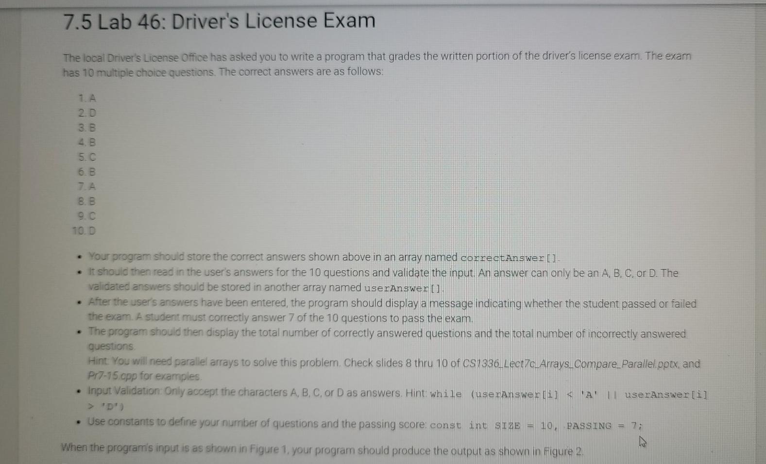 Solved 7.5 Lab 46: Driver's License Exam The local Driver's | Chegg.com