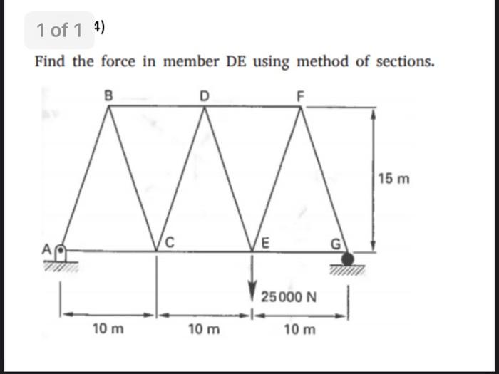Solved 1 of 1 4) Find the force in member DE using method of | Chegg.com