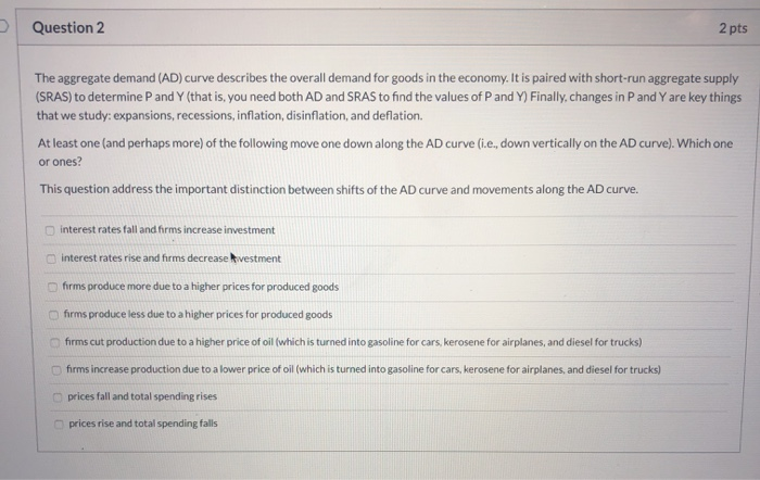 Solved Question 2 2 pts The aggregate demand (AD) curve | Chegg.com